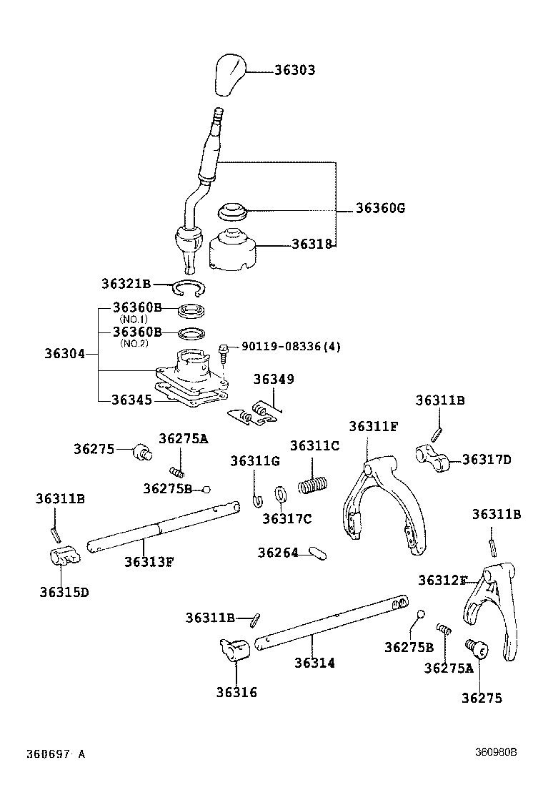 36304-0K020 RETAINER SUB-ASSY, TRANSFER CONTROL SHIFT LEVER product image
