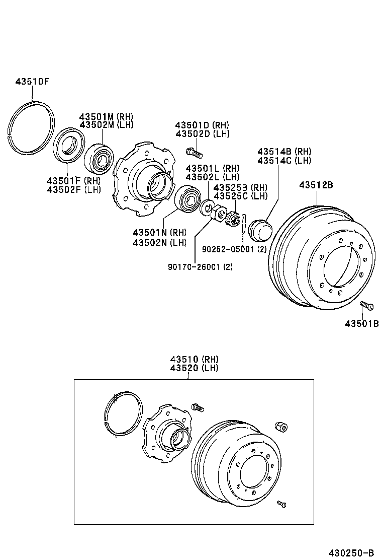 43510-37030 HUB AND BRAKE DRUM ASSY, FRONT AXLE, RH product image