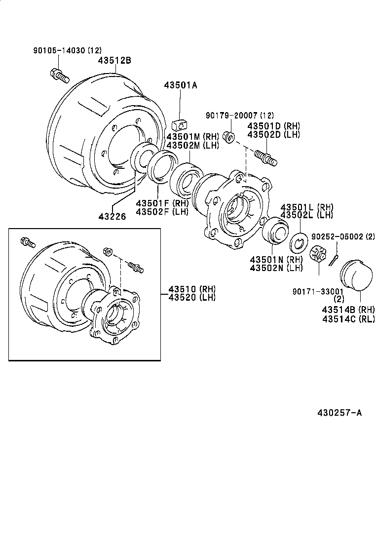 43510-37030 HUB AND BRAKE DRUM ASSY, FRONT AXLE, RH product image