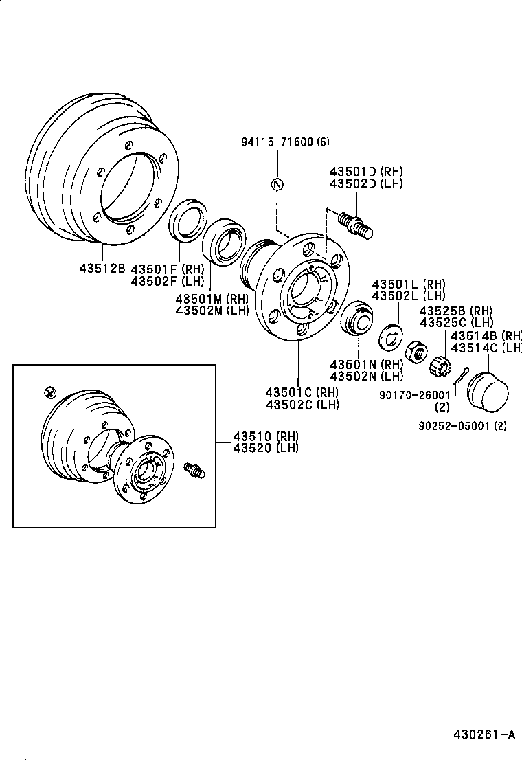 43510-37030 HUB AND BRAKE DRUM ASSY, FRONT AXLE, RH product image