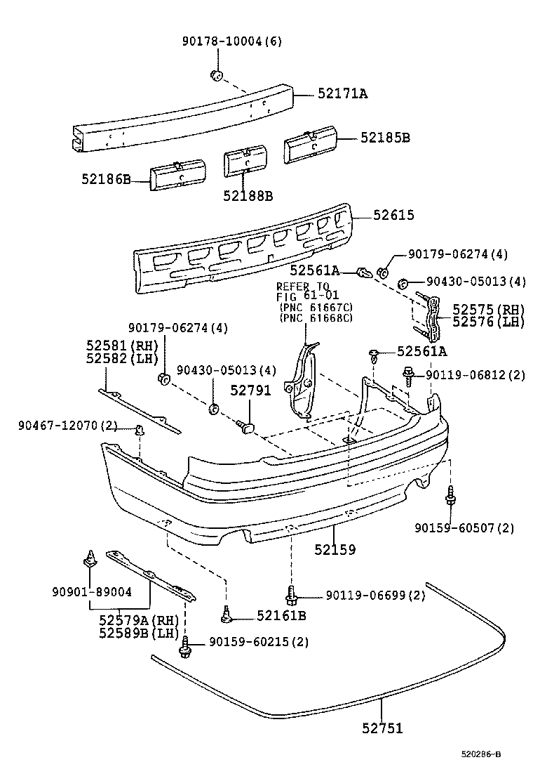 52575-30150 RETAINER, REAR BUMPER SIDE, RH product image