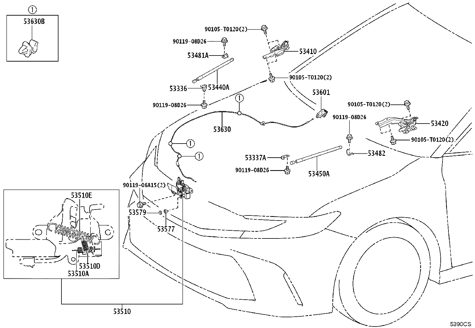 53440-06190 SUPPORT ASSY, HOOD, RH product image