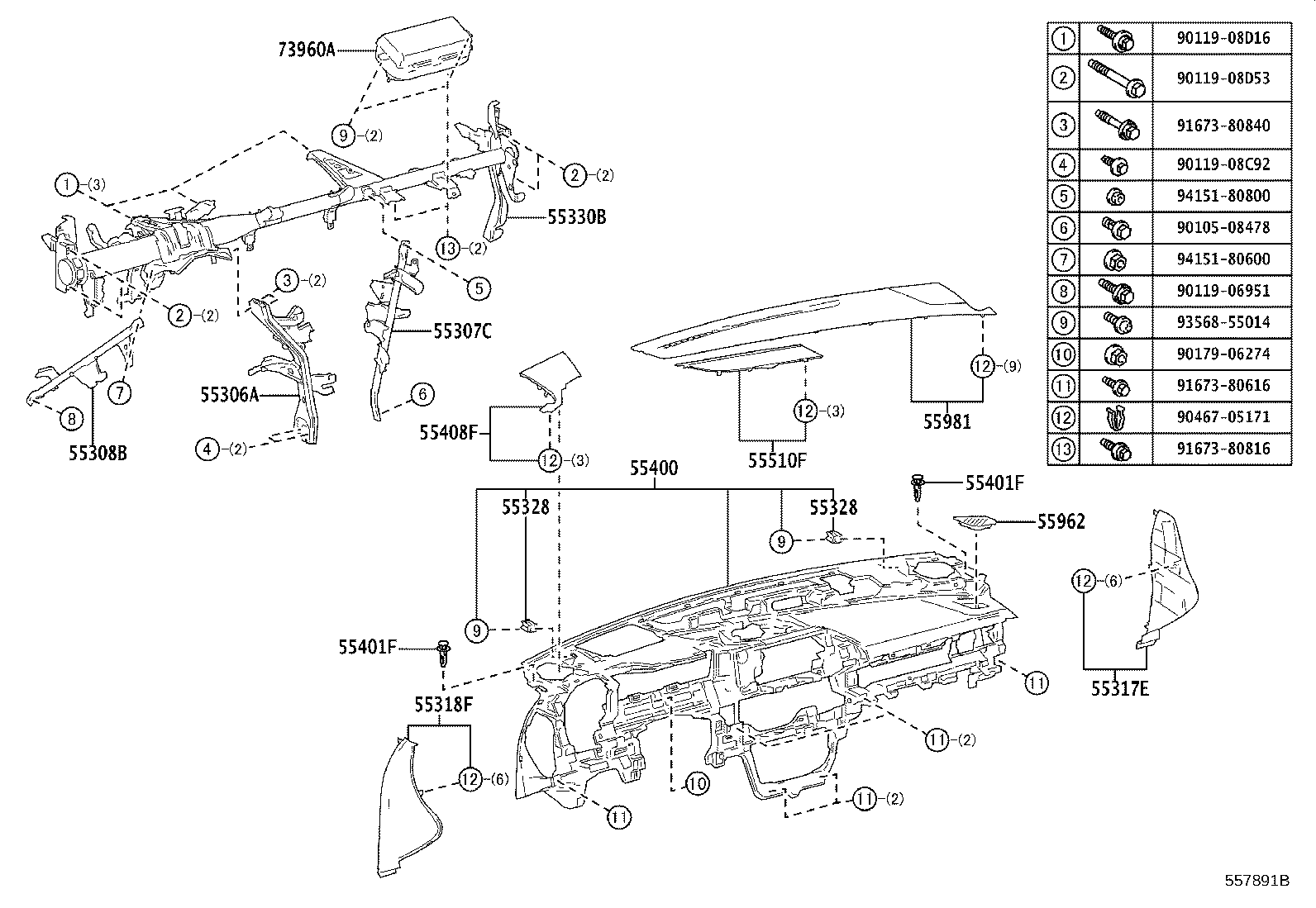 55306-30351 BRACE SUB-ASSY, INSTRUMENT PANEL, NO.1 product image