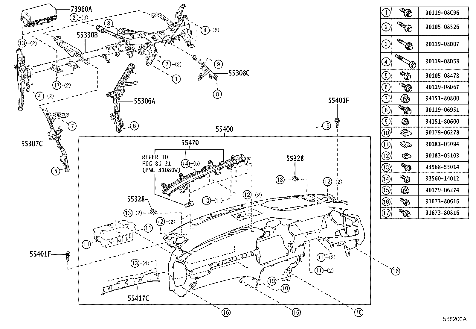 55306-48210 BRACE SUB-ASSY, INSTRUMENT PANEL, NO.1 product image