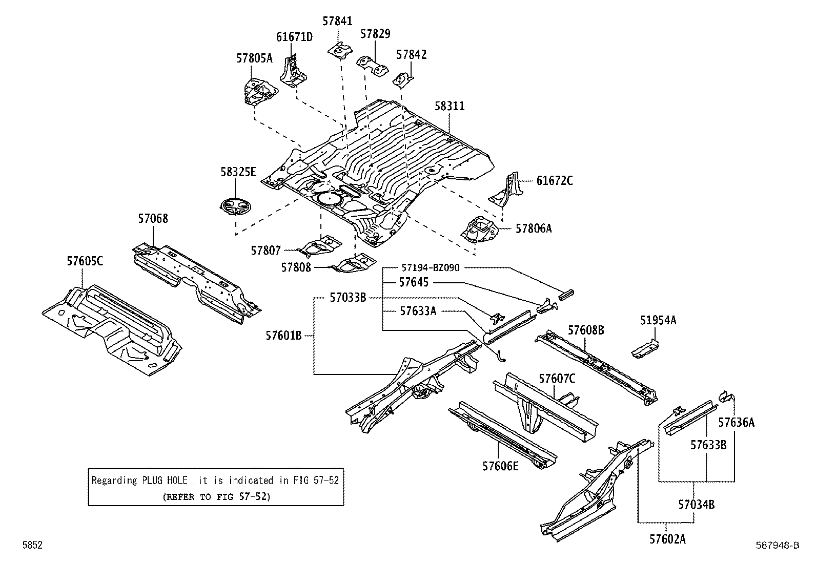 57033-BZ080 BRACKET SUB-ASSY, REAR FLOOR MOUNTING, NO.2 RH product image