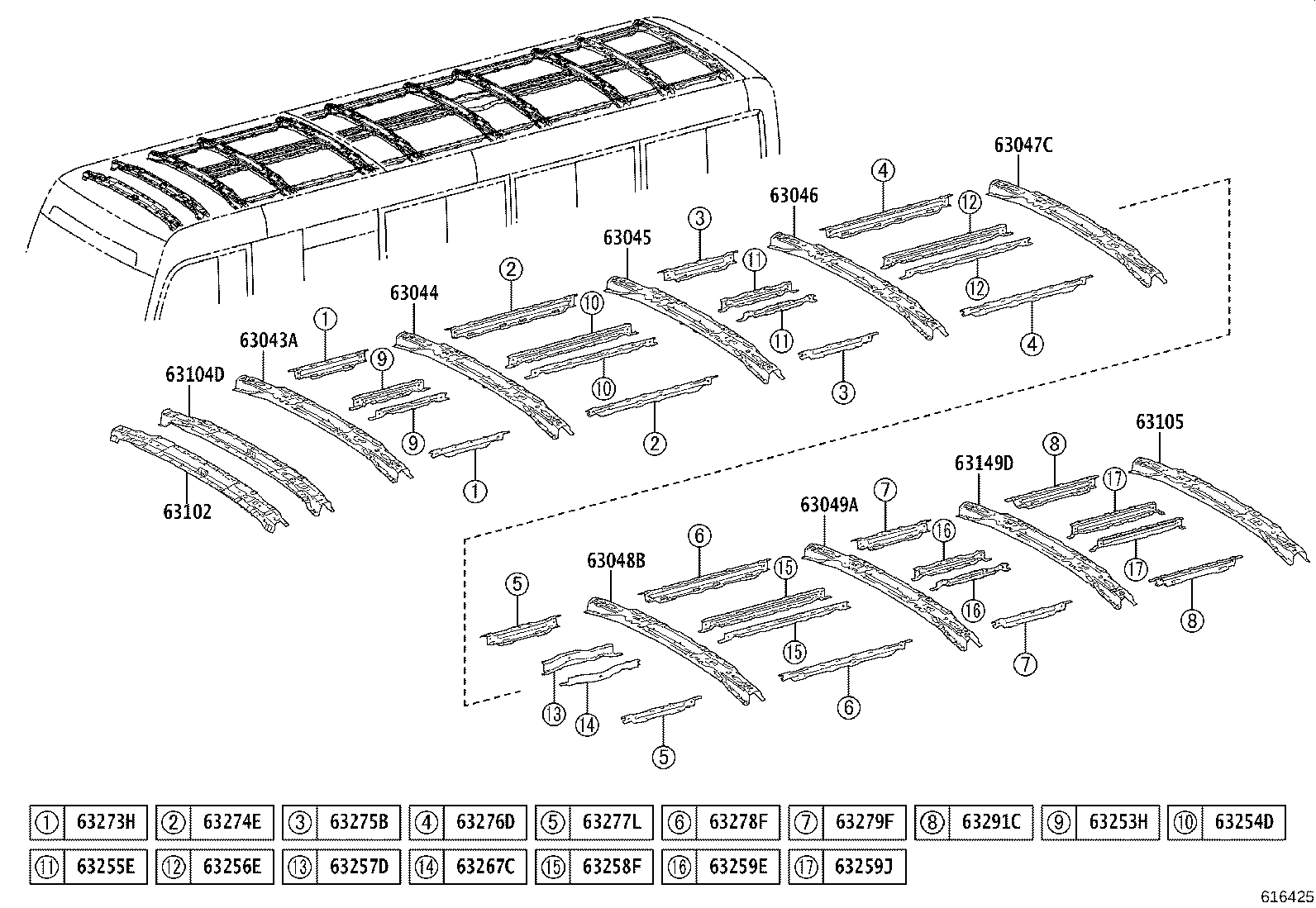 63044-36080 REINFORCEMENT SUB-ASSY, ROOF PANEL, NO.2 A product image