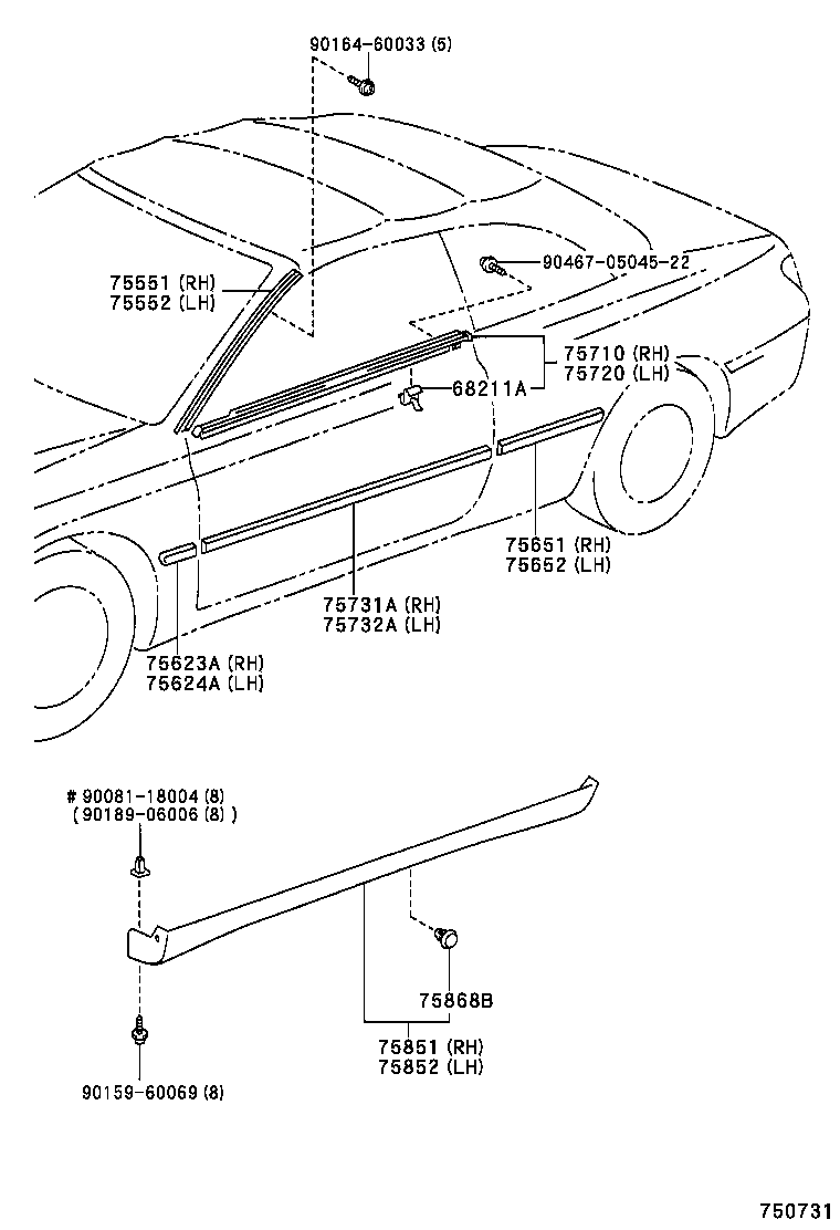 75506-06010 MOULDING, ROOF DRIP SIDE FINISH, LH product image
