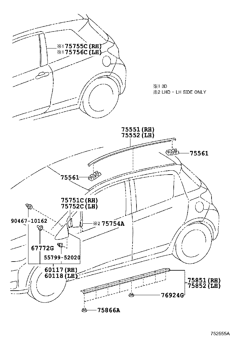 75755-52050 MOULDING, FRONT DOOR WINDOW FRAME, REAR RH product image