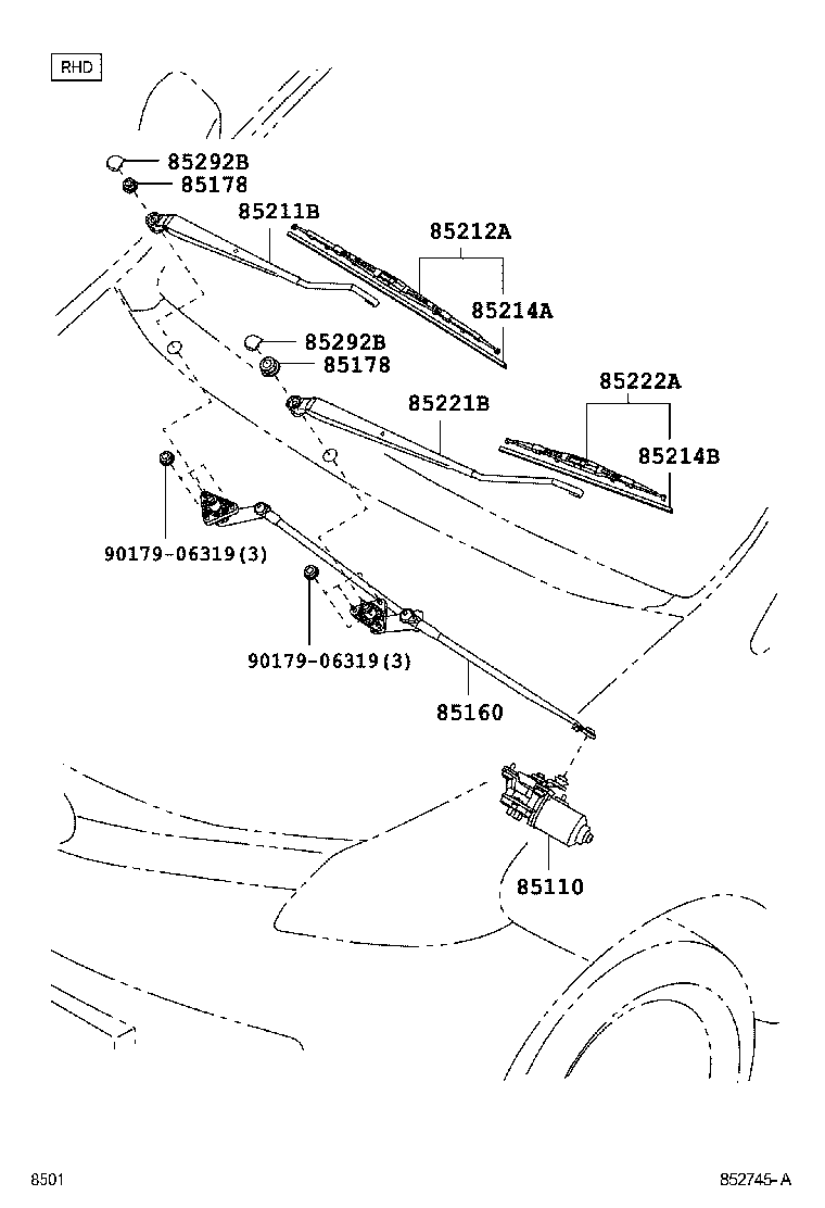 85211-BZ170 ARM, FRONT WIPER, LH product image