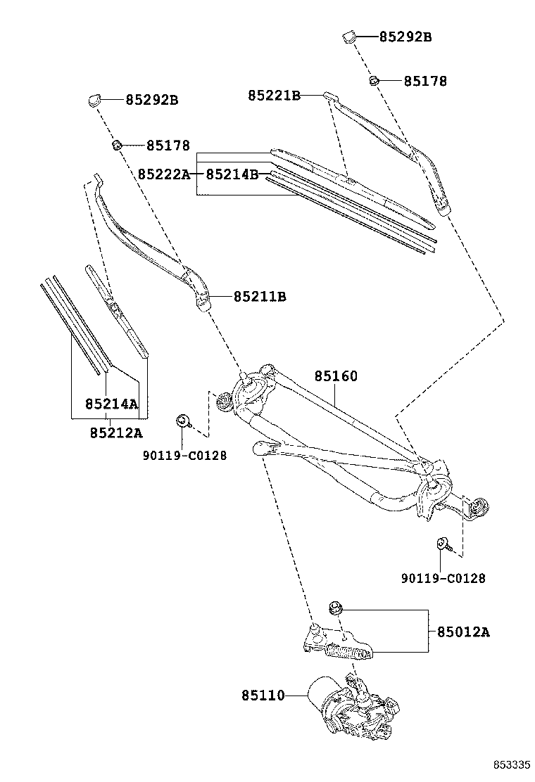 85221-0E080 ARM, FRONT WIPER, LH product image