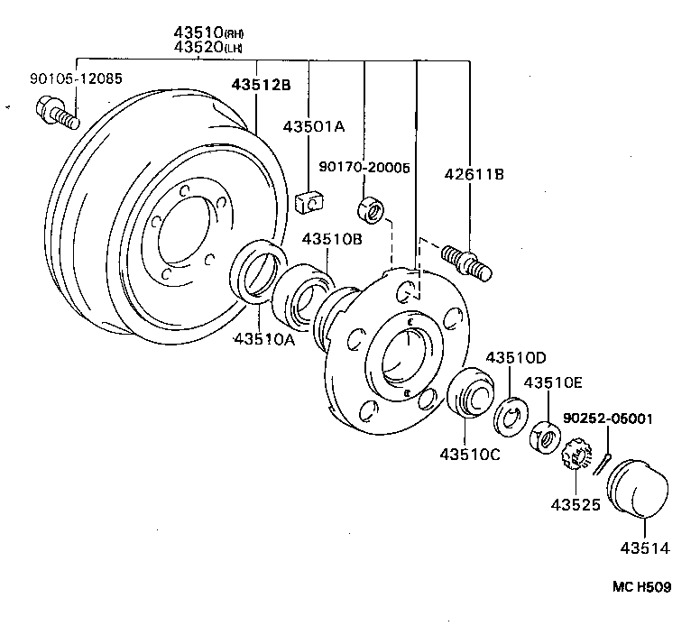 43510-36140 HUB AND BRAKE DRUM ASSY, FRONT AXLE, RH product image
